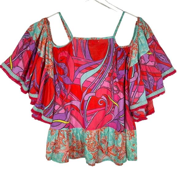 Modaposa Women's Vibrant Cold Shoulder Top XS Pink Blue Embroidered Boho Summer - Picture 4 of 8